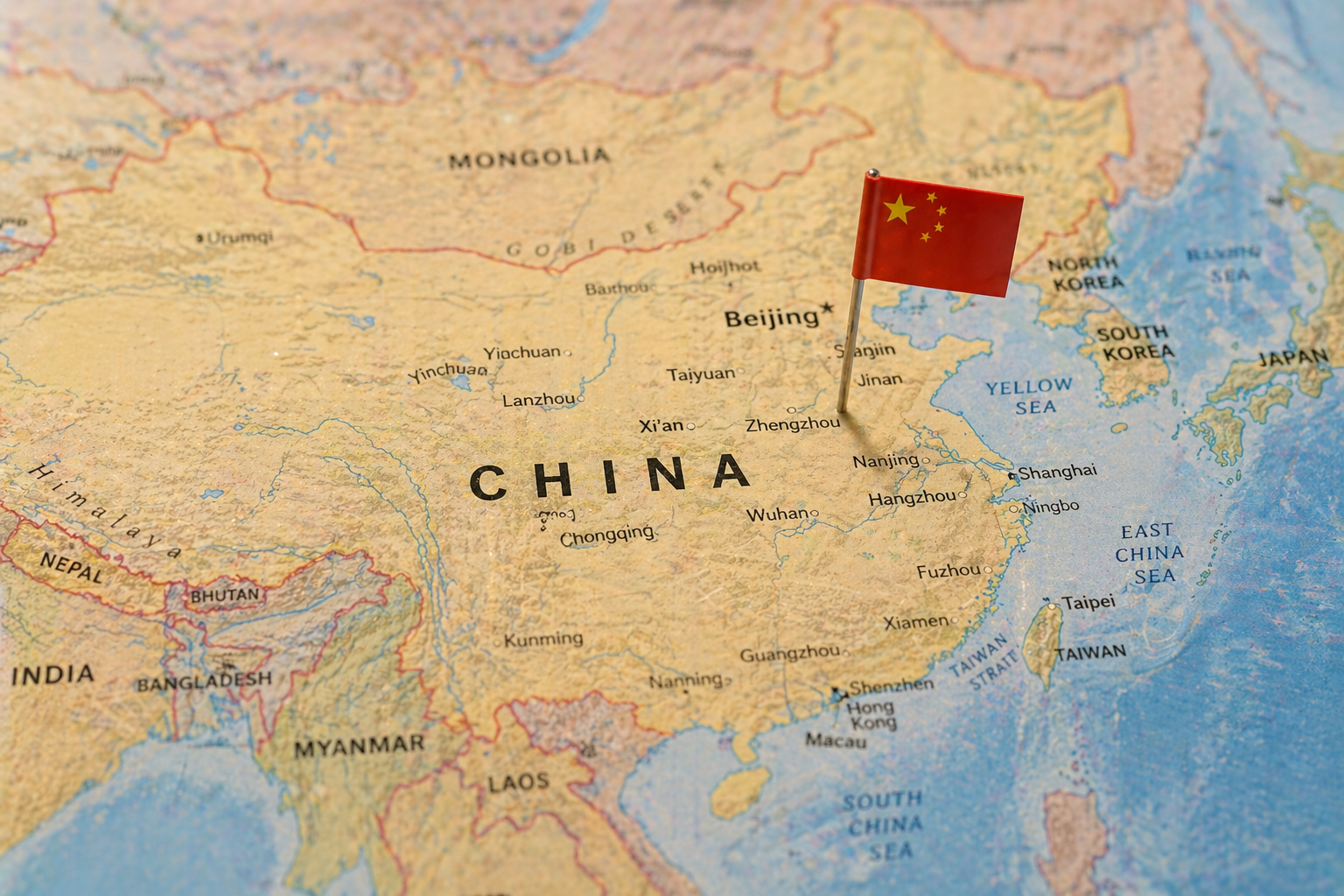 China map with flag pin
